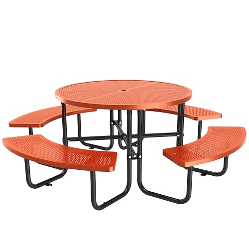 46-inch Orange Round Outdoor Picnic Table with Umbrella Hole Heavy Duty Coated Steel Metal Patio Dining Set for Garden, Courtyard, BBQ & Commercial Use - color: Orange-round
