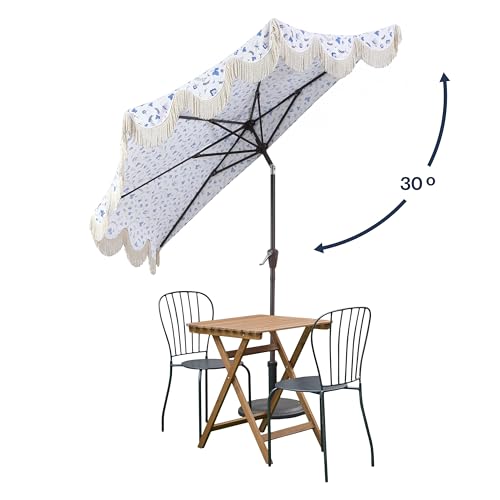 JONATHAN Y Half Umbrella UMB1201G Beverly 9 ft. Designer Classic Scalloped Fringe Market Patio with Crank, Push Button Tilt and UV Protection in Blue/White/Cream - color: Blue/White