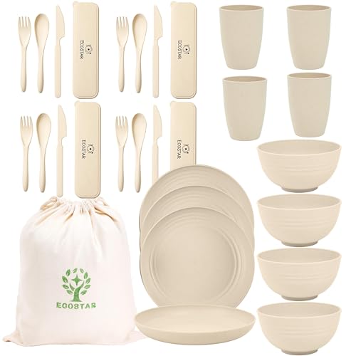ECOSTAR Wheat Straw Dinnerware Sets Unbreakable Plates Bowls and Cups Reusable Utensils Dishwasher Microwave Safe Bowls and Plates Sets (Beige) - color: Beige