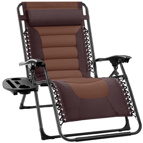 Best Choice Products Oversized Padded Zero Gravity Chair, Folding Outdoor Patio Recliner, XL Anti Gravity Lounger for Backyard w/Headrest, Cup Holder, Side Tray, Polyester Mesh - Espresso/Brown - color: Espresso/Caramel