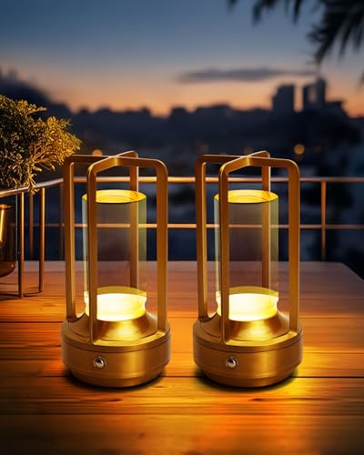 Set of 2 Cordless Table Lamps, LED Rechargeable Battery Operated Desk Lamps with 3 Color Stepless Dimmable, Small Light Portable for Outdoor Patio Bar Restaurants Bedroom Bedside (Gold) - color: Gold-2