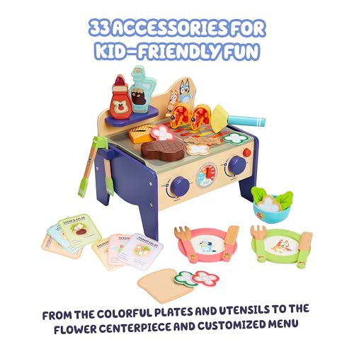 Bluey 8th Wonder Wooden Salad & BBQ Grill Toy Set, 33-Piece Play BBQ Food Set with Tongs, Food, and 6 Recipe Cards, Kitchen Toys for Kids Ages 3+ - style: BBQ Grill Set
