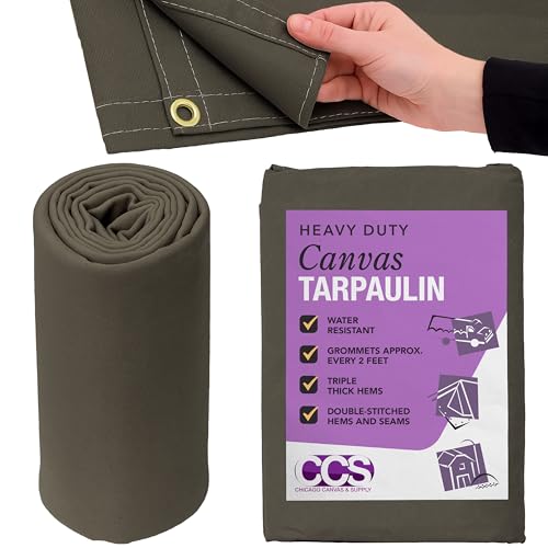 CCS Waterproof Canvas Tarp Cover (21oz) – Heavy Duty Duck Cloth, Waxed Canvas Tarpaulin with Rustproof Brass Grommets for Camping, Construction, Equipment & Outdoor Use (Olive Drab, 12x14 Ft) - size: 12 by 14 Feet