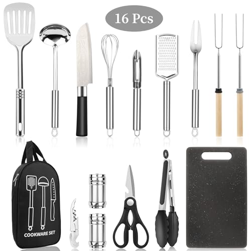 Camping Cooking Utensils Set, Stainless Steel Grill Tools, Camping BBQ Cookware Gear and Equipment for Travel Tenting RV Van Picnic Portable Kitchen Essentials Accessories - color: Black-16 PCS