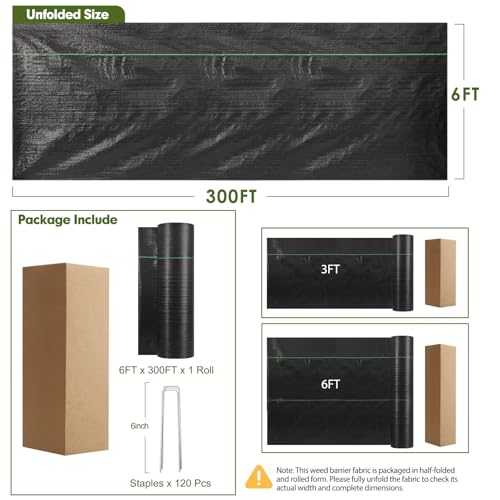 6FT x 300FT Weed Barrier Landscape Fabric Heavy Duty, Woven Geotextile Weed Blocker Fabric with 120 U-Shaped Securing Pegs, Weed Control Mats Ground Cover for Garden Beds, Commercial Driveway - size: 6FT x 300FT