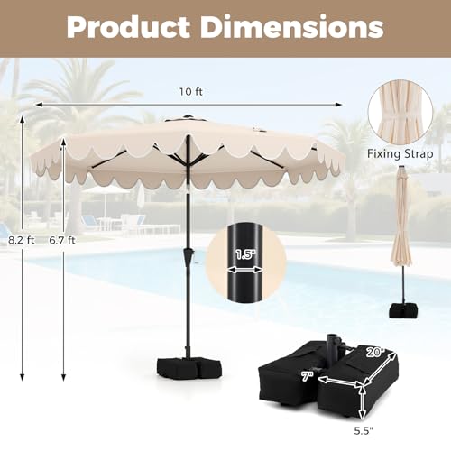 Tangkula 10 FT Patio Umbrella with Base Included, 2-Tiers Outdoor Scalloped Table Umbrella with 2 Sandbags, Tilt Adjustment, Crank, 8 Ribs for Market Backyard Pool Deck Beach Lawn - color: Beige, size: 10 FT