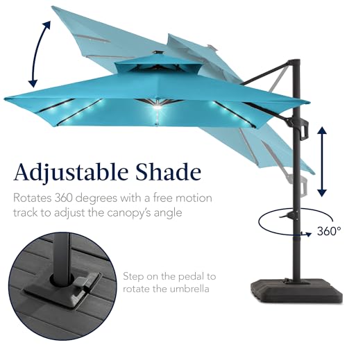 Best Choice Products 9x12ft LED Cantilever Patio Umbrella w/Base Included & 360° Rotation, Large Solar Offset Hanging Outdoor Sun Shade for Deck, Backyard Table w/Stand & Lights – Sky Blue - color: Sky Blue, size: 9x12ft
