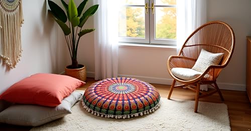 CRAFT KALA Round Mandala Boho Pillow Cover Meditation India Room Seating Poufs Cover for Living Room Yoga Room Home Décor Bedroom Balcony Garden Decoration Cotton Floor Cushion Cover 22", Multi Mirchi - color: Multi Mirchi, size: 22"