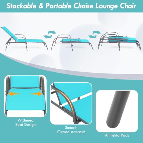 Giantex 2 Pack Patio Lounge Chair, Outdoor Chaise Lounge with 5 Adjustable Backrest, Sturdy Steel Frame, Sunbathing Recliner, Tanning Chair for Beach, Outside, Yard, Balcony, Pool Chairs (2,Turquoise) - color: Turquoise