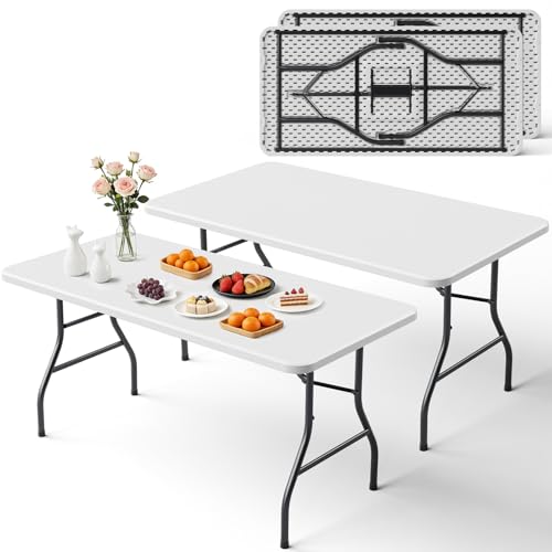 5ft Folding Table 2 Pack, Heavy Duty Plastic Card Table with Foldable Steel Legs, Metal Frame Support up to 500 lb, Portable for Indoor, Outdoor, Picnic, Camping, Dining, Party, White - color: White, size: 5FT-2pack
