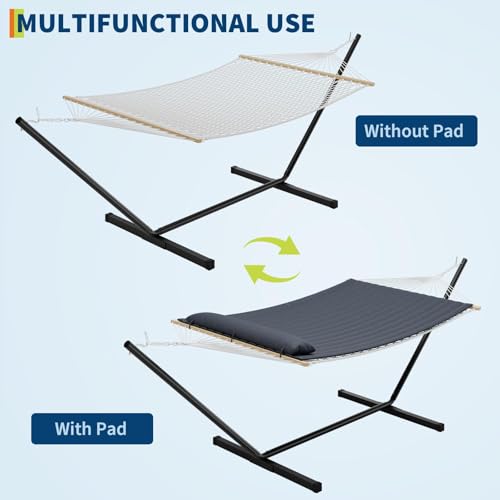 Double Hammock with Stand,450lbs Capacity, 2 Person Cotton Rope Portable Hammock with Polyester Quilted Pad and Pillow,for Garden Yard,Camping and Patio.Dark Dray. - color: Dark Gray