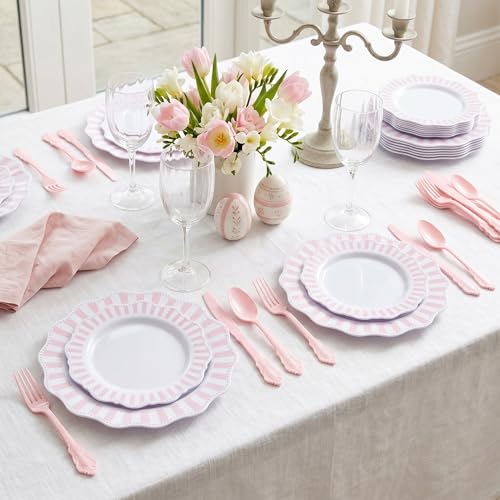 COLOSUS 150pcs Disposable Pink and White Stripped Plastic Plates and Silverware set, Light Pink Dinner/Dessert Plates silverware serve 30guests for Easter Day, Wedding Party and Daily use. - color: White+Pink