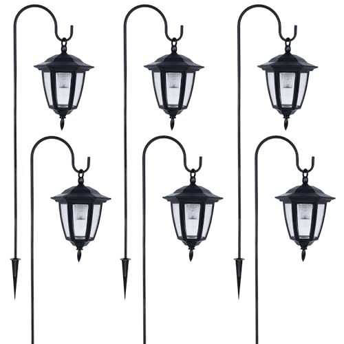 Dynaming 6 Pack Solar Hanging Lights Outdoor, Solar Powered Garden Decorative Lanterns with 6 x 38 Inch Shepherd Hooks, Waterproof Landscape Lighting for Lawn Patio Yard Pathway Driveway, Warm White - size: 6 Pack