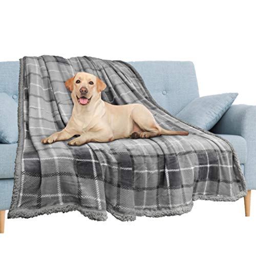 PAVILIA Waterproof Blanket for Couch, Sofa | Waterproof Dog Blanket for Large Dog, Puppy, Cat | Pet Blanket Protector | Plush Soft Warm Fuzzy Sherpa Blanket Bed Throw, Plaid Light Grey, 60x80 - color: Plaid Light Grey, size: 60x80 Inches