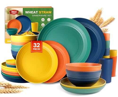 Teivio 32-Piece Kitchen Plastic Wheat Straw Dinnerware Set, Service for 8, Dinner Plates, Dessert Plate, Cereal Bowls, Cups, Unbreakable Colorful Plastic Outdoor Camping Dishes, Autumn Multicolor - color: Autumn Multicolor
