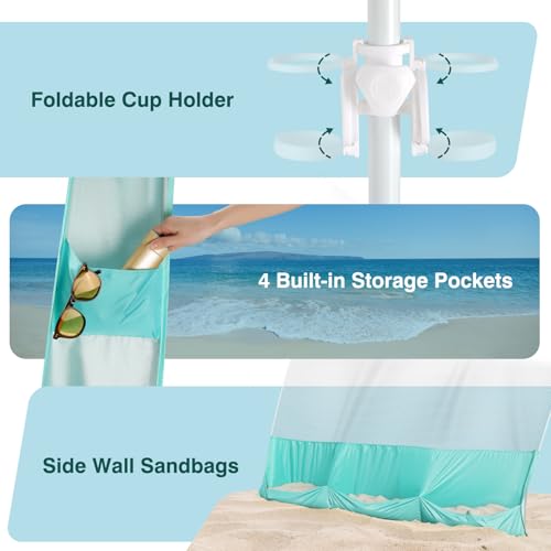 Rhino Valley Beach Cabana, 8 * 8FT Beach Tent UPF50+ Protection, Easy Setup Beach Canopy Wind Resistant with Cup Holder, Compact Beach Shade Foldable Beach Tent Sun Shelter, Turquoise Green - color: Turquoise Green
