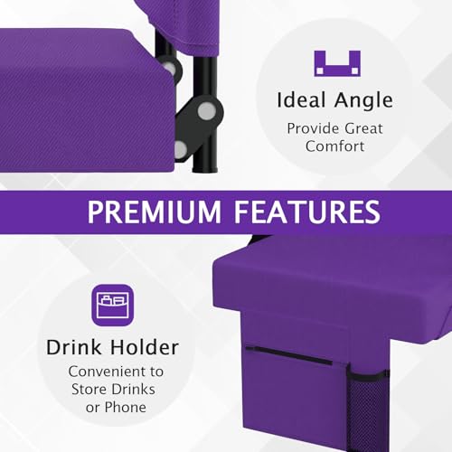 2pcs Stadium Seat for Bleachers with Back Support，Portable Bleacher Chairs with Back and Cushion，Includes Shoulder Strap and Cup Holder - color: Purple,2 Pack