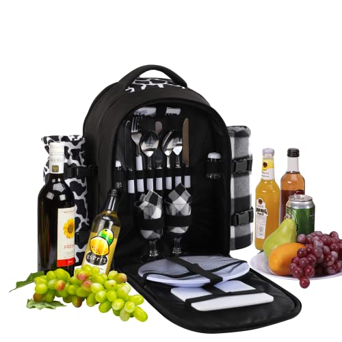 apollo walker Picnic Backpack Bag for 2 Person with Cooler Compartment, Detachable Bottle/Wine Holder, Fleece Blanket, Plates and Cutlery Set (2 Person, Black) - color: Black, size: 2 Person