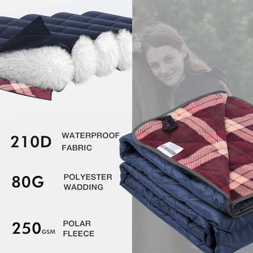 DUKUSEEK Hooded Outdoor Blanket, Extra Large 79" x 59" Waterproof Camping Blanket, Quilted, Thick Fleece, Warm, Windproof, Sand Proof, Portable and Wear-Resistant, Perfect for Stadium, Picnic - color: Navy Blue Outer With Red Plaid Fleece
