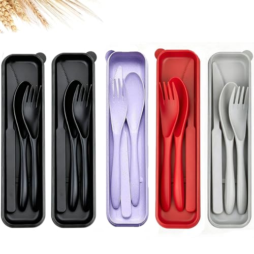 Travel Utensils Set - Reusable 5 Sets Wheat Straw Plastic Cutlery with Case , Portable Forks Spoons and Knives Set , Eco-Friendly BPA Free for Daily Use (Grey,Red,Purple,2 Black) - color: Grey,Red,Purple,2 Black