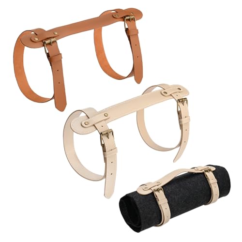 M METERXITY 2-Pack Outdoor Picnic Blanket Carry Strap, 22.8" Portable PU Leather Handle Carrier for Camping/Picnics/Travel, Motorcycle Bedrolls Carrier [Light Brown, Light Khaki]