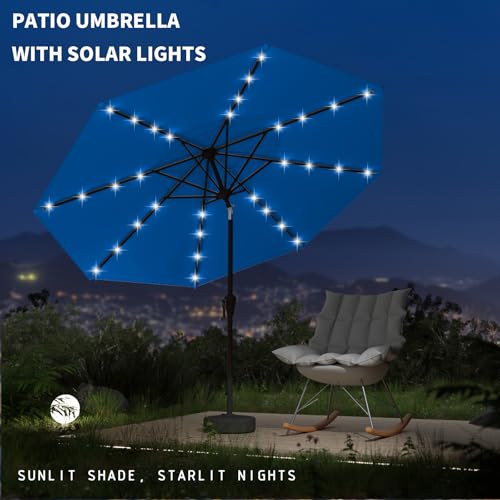 9FT Patio Umbrella with Solar Lights,Outdoor Market Umbrella with Tilt and Crank, LED Lighted Table Umbrella for Garden,Deck,Backyard,Pool,Beach (Royal blue) - color: Royal blue