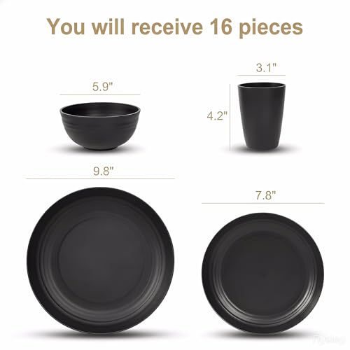 Wheat Straw 16 PCS Plates and Bowls Sets for 4 persons, Unbreakable Dinnerware Sets, Plastic Dish Set for Camping, Dishwasher Microwave Safe, Outdoor Kitchen and Apartment Dinning (Black) - color: Black