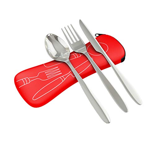 Reusable Travel Utensils with Case | Fork and Spoon Set with Knife and Optional Straws Great Office, Travel, or Camping Accessories | Lightweight, Sturdy Utensils - color: 3pc Set - Red