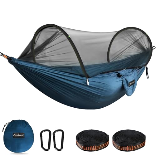 Chihee Ultra-Light Travel Camping Hammock Pop-up Net Hammock 660lbs Load Capacity,Breathable,Quick-Drying Parachute Nylon 2 Premium Carabiners,2 Tree Slings Included for Outdoor Backpacking Hiking - color: Navy Blue