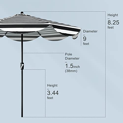 Tempera 9ft Auto Tilt Scalloped Patio Umbrellas Outdoor Table Umbrellas with Fade Resistant Canopy, 8 Sturdy Rids, Vintage Umbrellas for Lawn, Pool, Deck, Balcony - color: Black White Stripe Scalloped, size: 9 FT