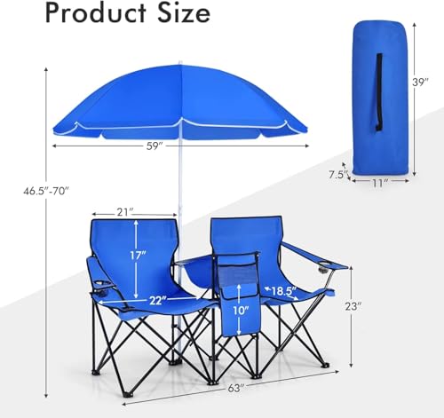 Goplus Double Camping Chair with Umbrella, Folding Loveseat Chairs w/Canopy Shade, Carrying Bag, Table, Cup Holder, Portable Beach Chairs Outdoor Picnic Patio (Blue) - color: Blue
