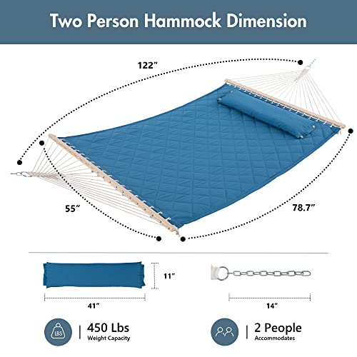 ANOW Quilted Hammock with Spreader Bars and Detachable Pillow, Large Hammock for Outdoors Indoors, 450 LBS Weight Capacity, Blue - color: Blue, size: 2 Person Without Stand