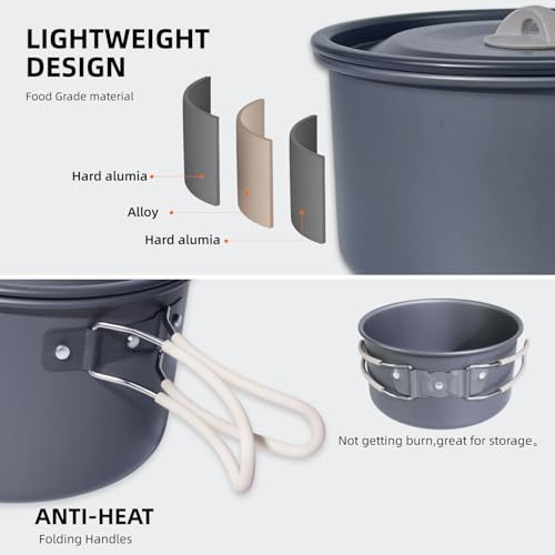 13-Piece Camping Cookware Set with Anti-Scald Silicone Handles, Lightweight Non-Stick Aluminum Pots and Pans, Compact Mess Kit for Backpacking & Survival
