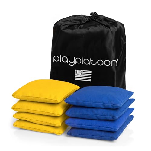 Play Platoon Cornhole Bags Weather Resistant- Set of 8 Regulation Bean Bags for Tossing- Official Professional Size & Weight Corn Hole Bags Two Color All Weather Cornhole Beans Bag Set with Tote Bag - color: Blue & Yellow