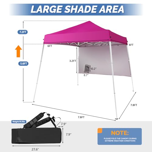 VINGLI 6x6 ft Pop Up Canopy Tent, Outdoor Small Canopy Tent with Backpack, Patio Pop Up Gazebo Slant Leg Canopy with 1 Sidewall, Portable Easy Up Canopy (Pink) - color: Pink, size: 6x6