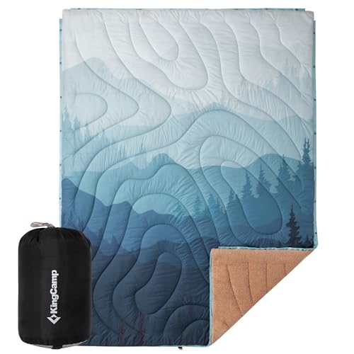 KingCamp Large Camping Blanket with Sherpa Lining, Packable Down Alternative Puffy Printed Wearable Blanket with Snap Buttons, Warm Weatherproof Quilt for Outdoor Travel (79" L x 57" W, Cyan) - color: Sherpa-cyan, size: 79" x 57"- Sherpa Fleece