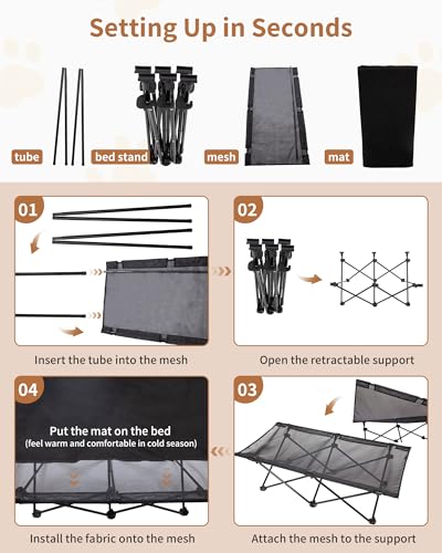 KingCamp Elevated Dog Bed for Large Dogs, Outdoor Raised Cooling Pet Cot Bed with Washable Breathable Mesh & No-Slip Feet Perfect for Camping, Backyard, Indoor Use (Large, Black) - size: 49.6"L x 26"W x 13"Th
