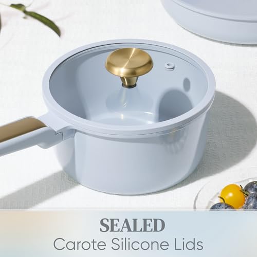CAROTE Ceramic Cookware Set Nonstick, 14pcs Pots and Pans Set Nonstick, Non-Toxic & PFAS-Free, Dishwasher, RV/Camping Cookware Set, Cooking Pots with Lids, Pastel Blue - color: Light Blue
