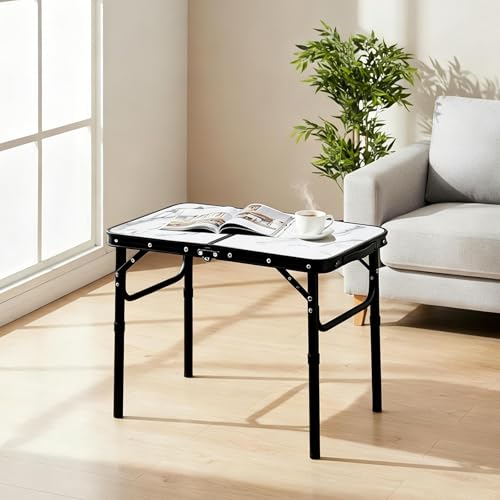 YUFIFAIRY Small Folding Camping Table, 2ft Portable Table with 3 Adjustable Heights, Aluminum Lightweight Foldable Picnic Table with Mesh Layer and Extension Legs for RV, Camp and Indoor (Black Frame) - color: White Marble Top & Black Frame