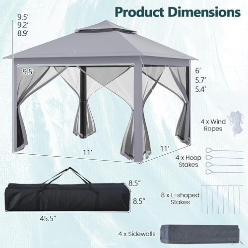 Goplus11 ft × 11 ft Pop up Gazebo, Portable Screen Canopy Shelter w/Mesh Netting Sidewalls, Vented Top, Drainage Holes, Heavy-Duty Height Adjustable Easy Setup Party Tent for Backyard - color: Gray