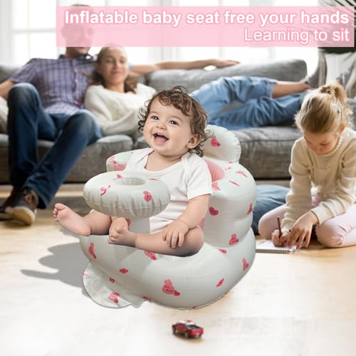 Inflatable Baby Seat for Babies 3-36 Months, Baby Chair with Fence & Built in Air Pump, Blow Up Floor Baby Seat with Back Support, Inflatable Baby Chair Sit Me Up for Home Pink Rabbit-Tray - color: Pink Rabbit-Tray