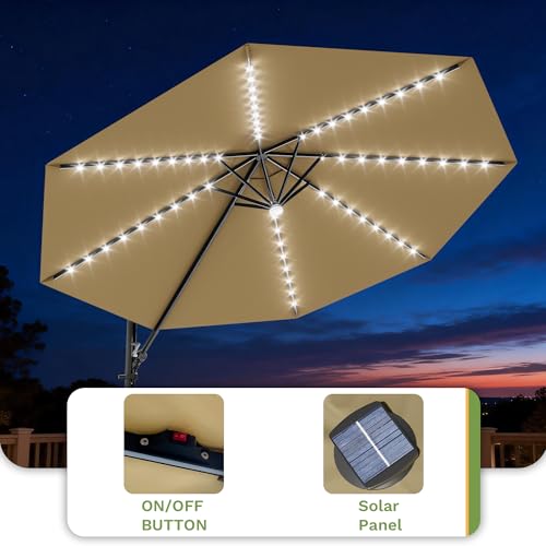 Patiowell 10 FT Patio Umbrella with Solar LED Light, Outdoor Cantilever Umbrella with 360 Degree Rotation, Outside Large Round Sun Umbrella with Frame for Backyard Garden Poolside, Brown - color: Brown with Light, size: 10 FT