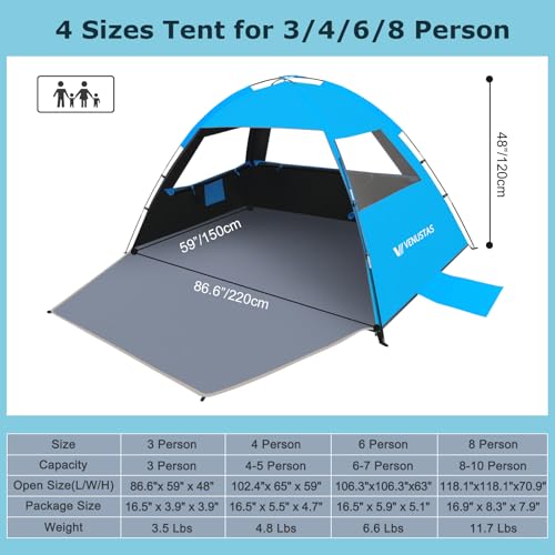 Venustas Beach Tent Sun Shelter for 3/4/6/8 Person, UPF 50+ UV Protection Beach Canopy, Lightweight and Easy Setup Cabana, Portable Shade Tent - color: Dark Shelter-Sky Blue, size: 3 Person