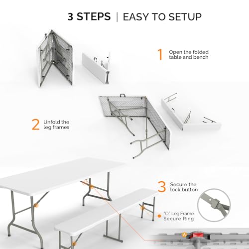Bonnlo White Folding Picnic Table Set with 2 Benches, 6 Feet Camping Table Chair Set, Modern Portable 3-Piece Furniture for Indoor/Outdoor Use, White Folding Picnic Table with Smooth Tabletop - color: White