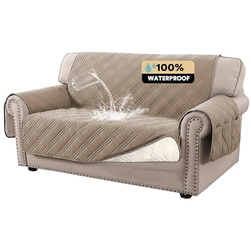 PrinceDeco 100% Waterproof Loveseat Covers for 2 Cushion Couch Sofa Covers Waterproof and Washable Sofa Slipcover with Side Pocket Furniture Protector with Elastic Straps(Loveseat 48", Taupe) - color: Taupe, size: Loveseat
