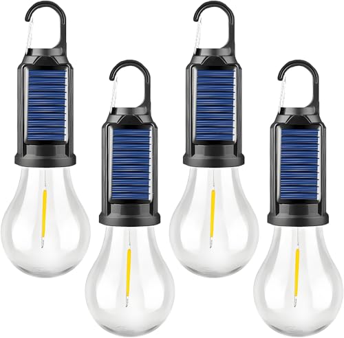 4 Packs Solar Tent Camping Lantern Rechargeable, Portable LED Outdoor Waterproof Emergency Lanterns with 3 Modes, Hanging Tent Light Bulbs with Clip Hook for Camping Hiking Hurricane Outages