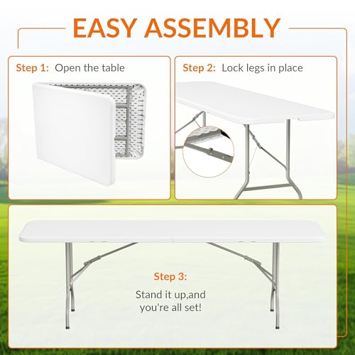 Elevon 8 Feet Heavy Duty Folding Table with Adjustable Height, Fold-in-Half Portable Table for Indoor Outdoor Use - Camping, Picnic, Party, Wedding, Dining, Utility Table - size: 8 feet, style: Without Chair
