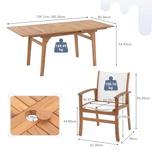OC Orange-Casual Patio Furniture Set, Acacia Wood Patio Dining Set for 6-8, Outdoor Expandable Table and Chairs Set with Umbrella Hole and Breathable Textilene Fabric for Garden (White, 5 Pieces) - color: White, size: 5 Pieces