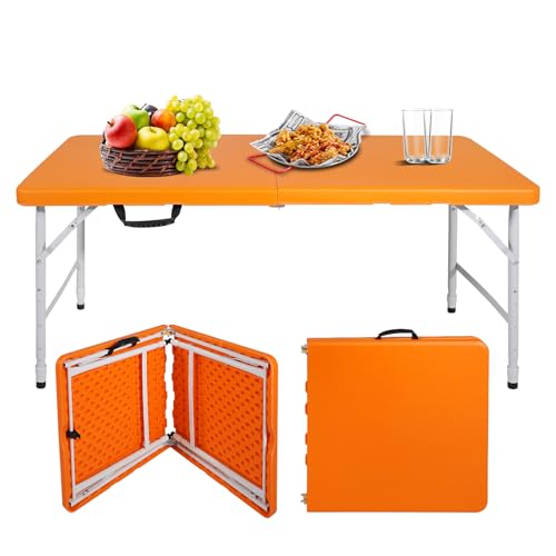 Portable Plastic Folding Table 4ft/6ft/8ft Heavy Duty White-Orange Picnic Dining Table Fold-in-Half for Camp Party Kitchen Indoor Outdoor - color: Orang, size: 4FT, style: Flat Desktop