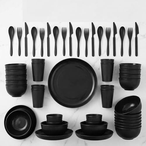 36 Pcs Wheat Straw Dinnerware Set,Dinnerware Sets for 6,Large Round Plates, Bowls and Cups, Unbreakable dish set, Dishwasher and Microwave Safe, Outdoor Camping Dishes (Black) - color: Black